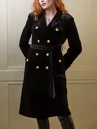 Women’s Belted Black Double-Breasted Velvet Coat