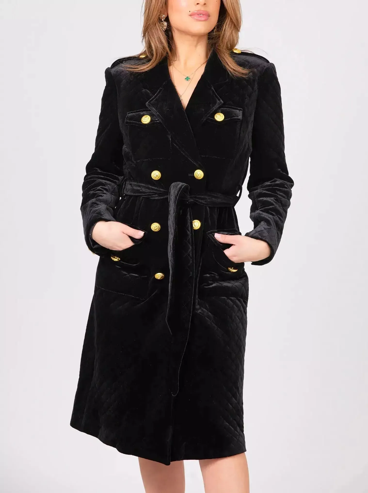 Women’s Belted Black Double-Breasted Velvet Coat