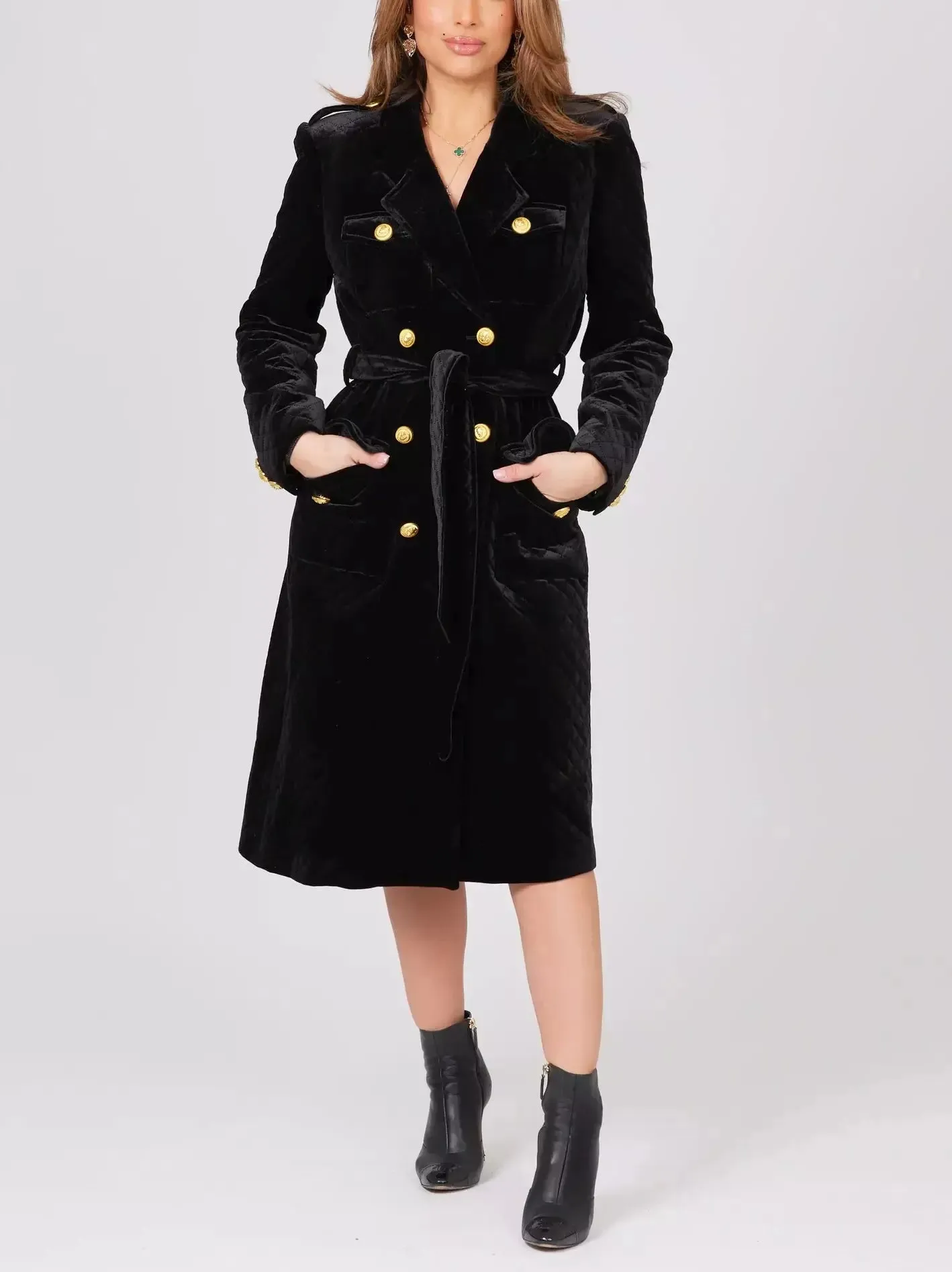 Women’s Belted Black Double-Breasted Velvet Coat