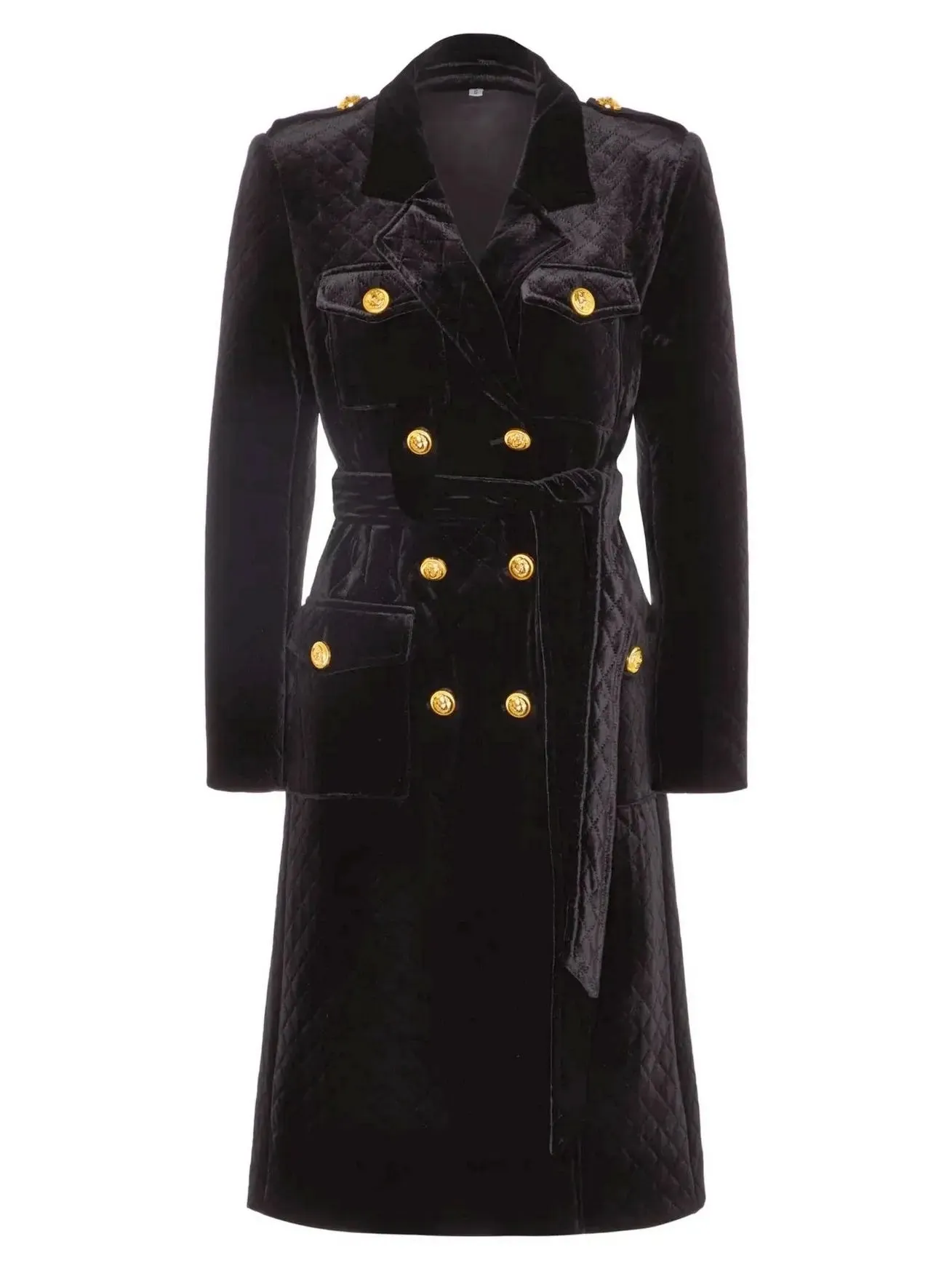 Women’s Belted Black Double-Breasted Velvet Coat