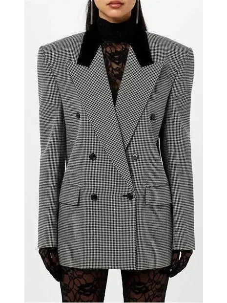 Women’s Black Checked Double-Breasted Wool Blazer with Velvet Collar