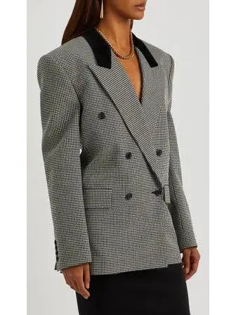 Women’s Black Checked Double-Breasted Wool Blazer with Velvet Collar