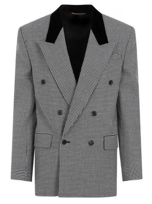 Women’s Black Checked Double-Breasted Wool Blazer with Velvet Collar