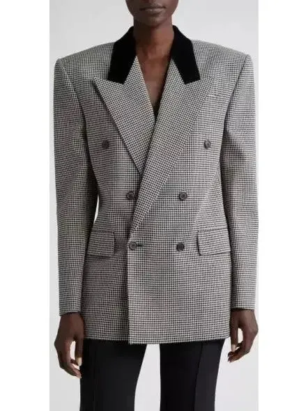 Women’s Black Checked Double-Breasted Wool Blazer with Velvet Collar