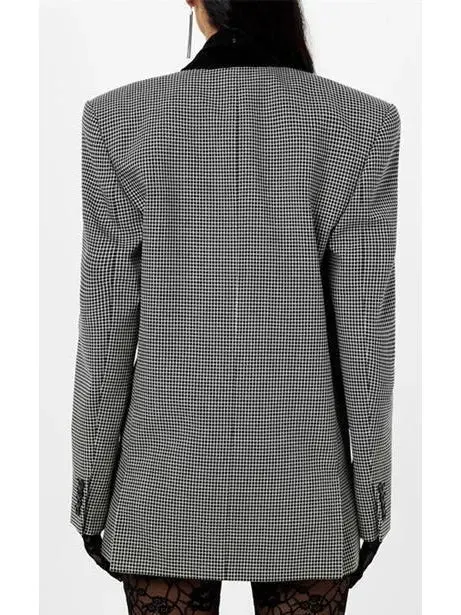 Women’s Black Checked Double-Breasted Wool Blazer with Velvet Collar