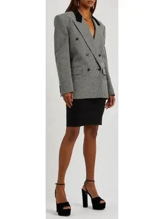 Women’s Black Checked Double-Breasted Wool Blazer with Velvet Collar