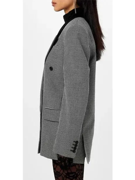 Women’s Black Checked Double-Breasted Wool Blazer with Velvet Collar