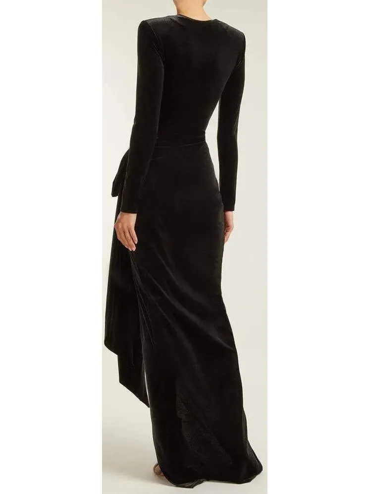 Women’s Black Long Ruched Asymmetrical Velvet Gown