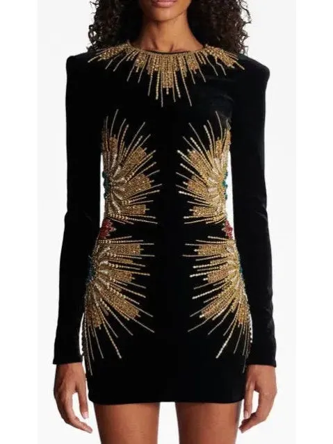 Women’s Black Velvet Dress with Pearl and Sequin Embroidery