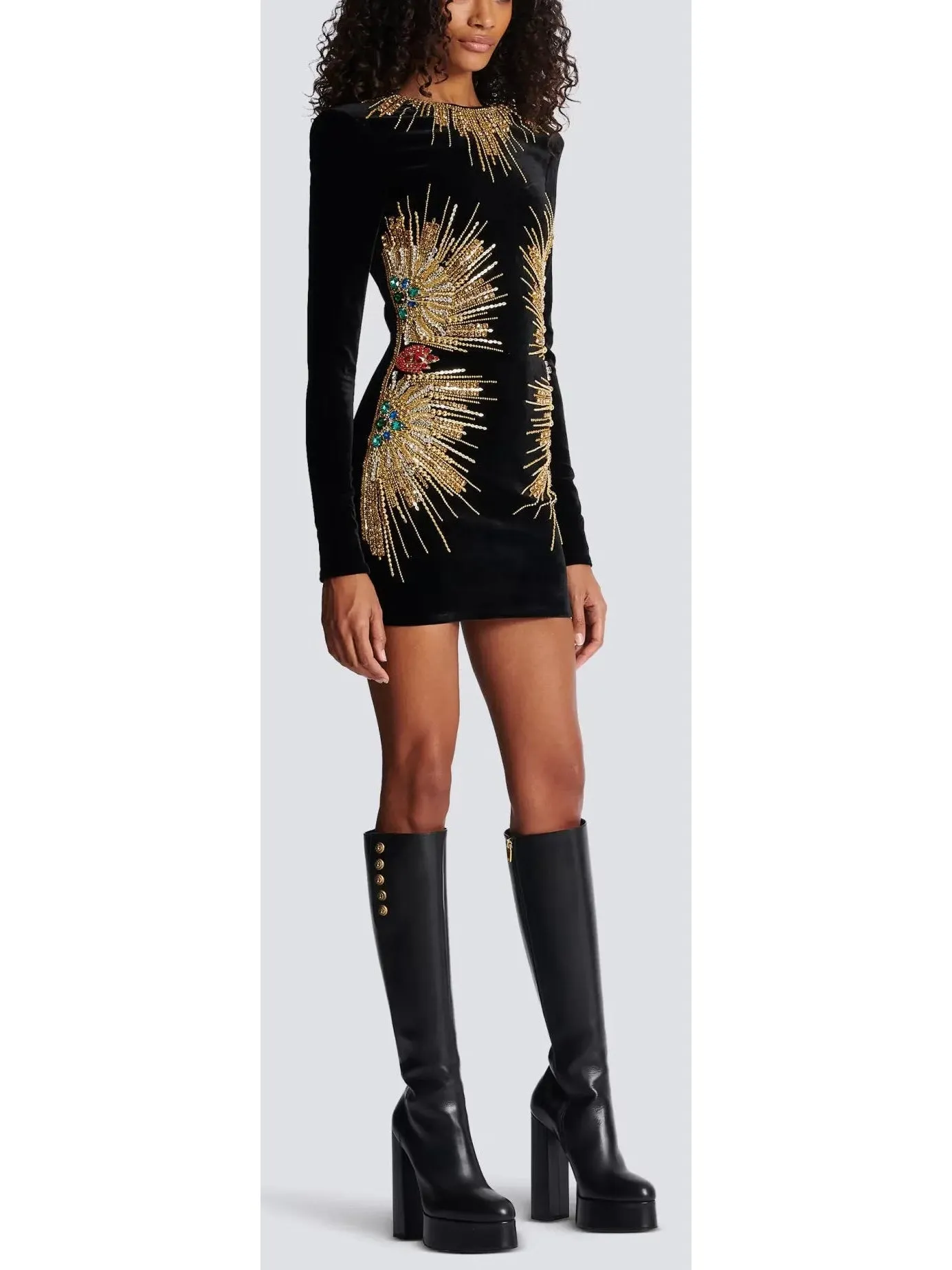 Women’s Black Velvet Dress with Pearl and Sequin Embroidery