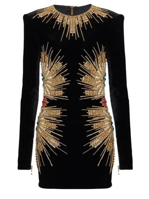 Women’s Black Velvet Dress with Pearl and Sequin Embroidery