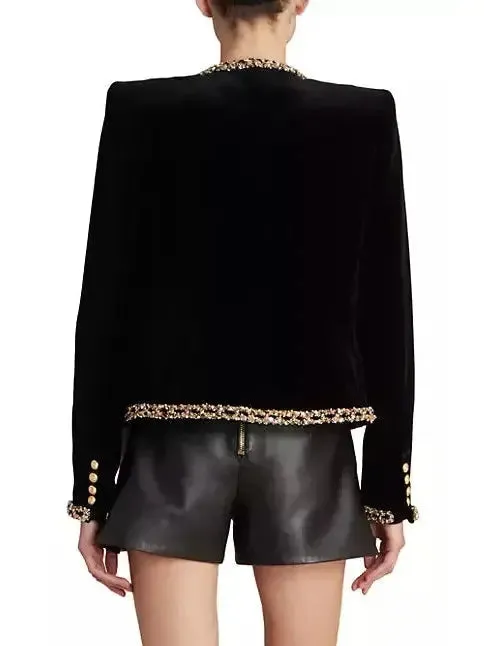 Women’s Black Velvet Jacket with Gold Sequin Embroidery