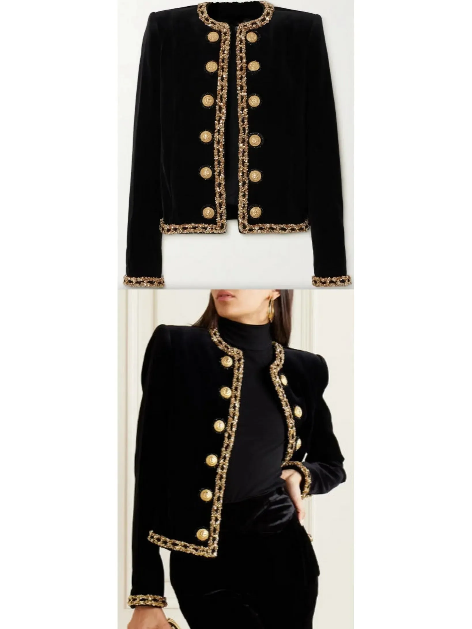 Women’s Black Velvet Jacket with Gold Sequin Embroidery