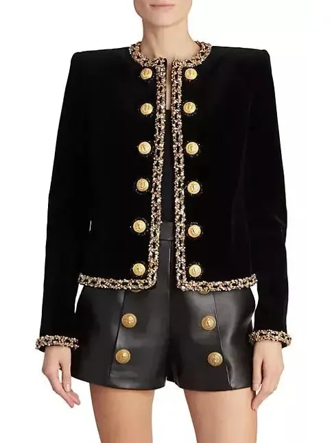 Women’s Black Velvet Jacket with Gold Sequin Embroidery