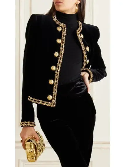 Women’s Black Velvet Jacket with Gold Sequin Embroidery