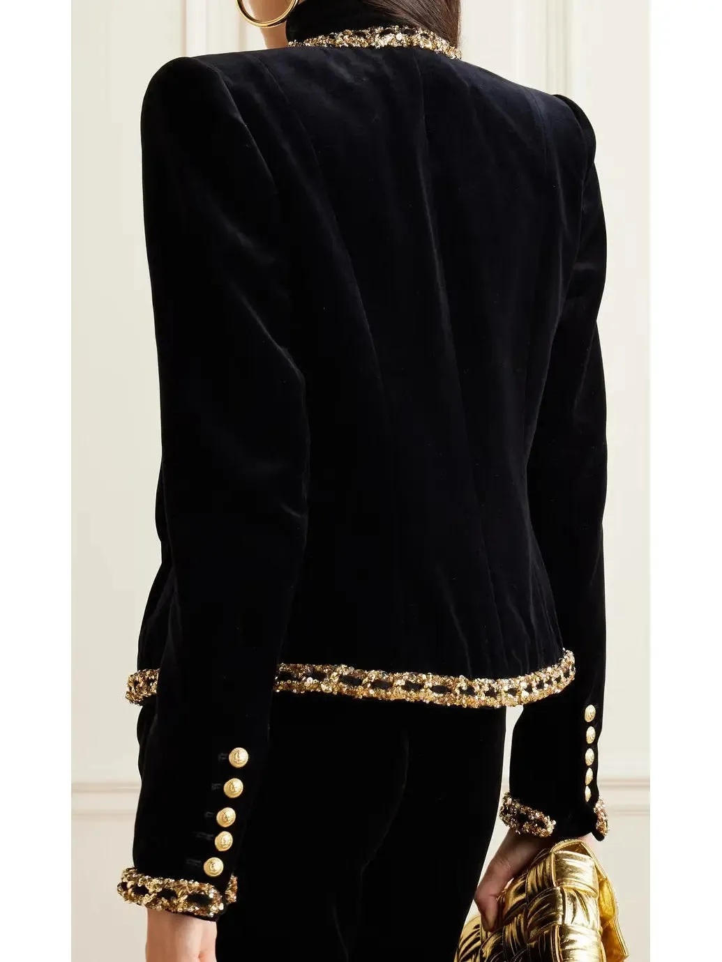 Women’s Black Velvet Jacket with Gold Sequin Embroidery