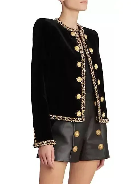 Women’s Black Velvet Jacket with Gold Sequin Embroidery