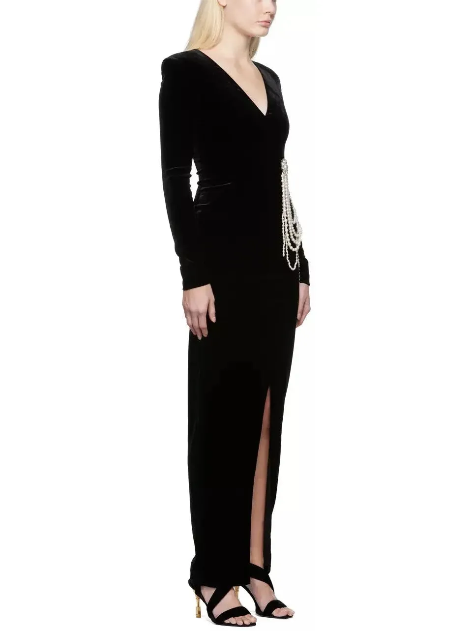 Women’s Black Velvet Pearl Chain-Embellished Dress