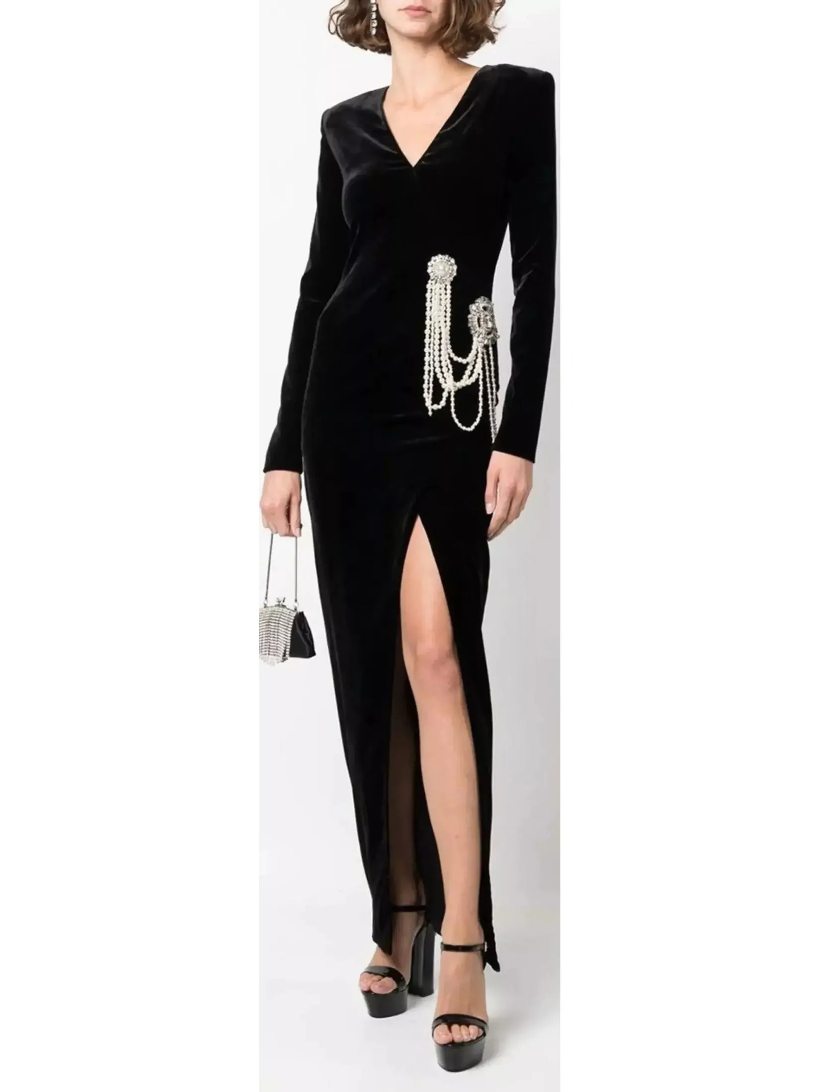 Women’s Black Velvet Pearl Chain-Embellished Dress