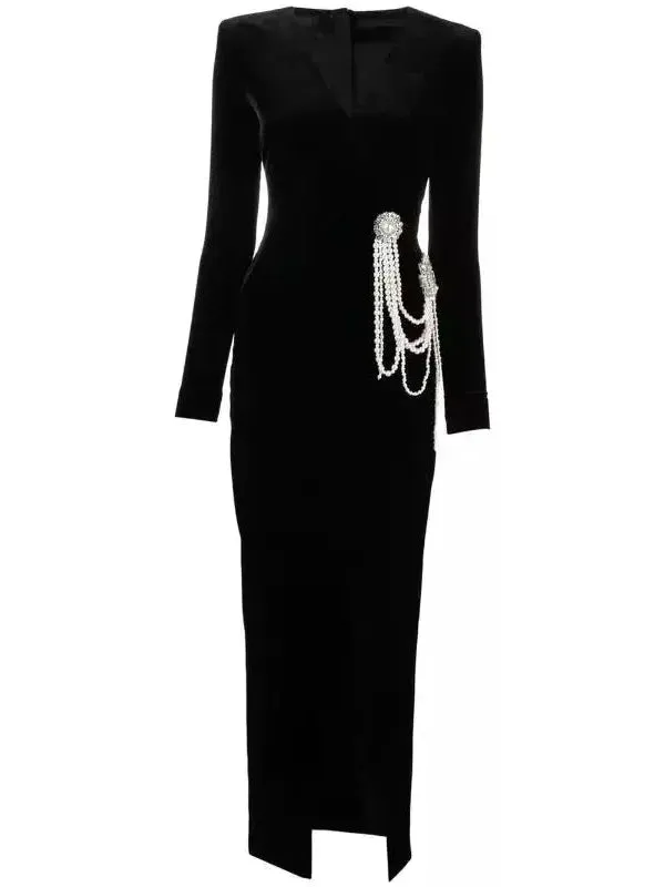 Women’s Black Velvet Pearl Chain-Embellished Dress