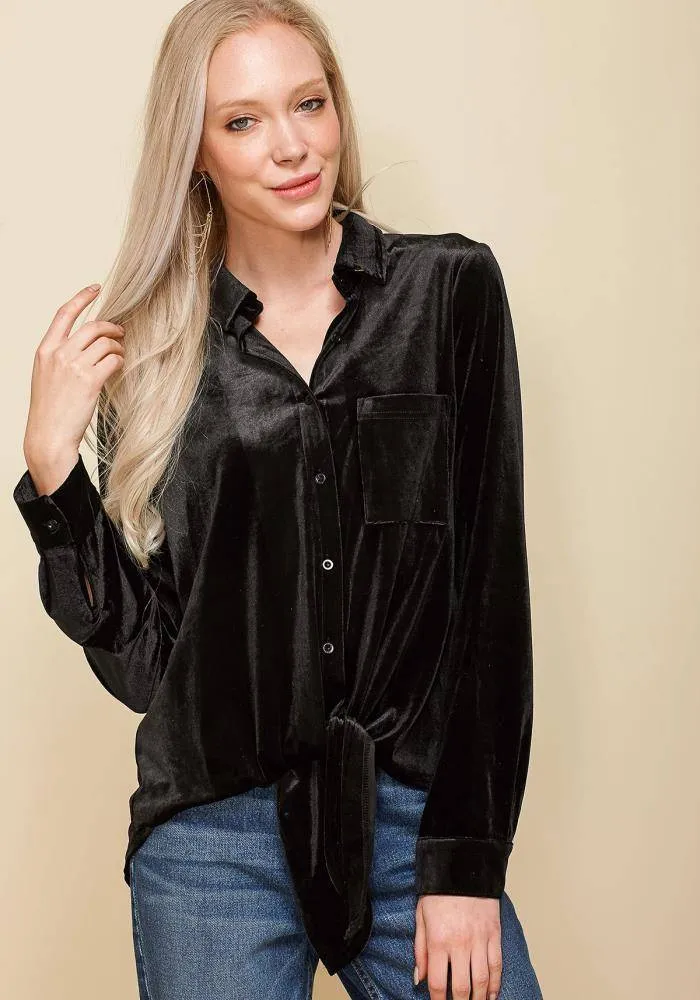 Women's Button Down Velvet Shirt Blouse With Tie Hem in Black