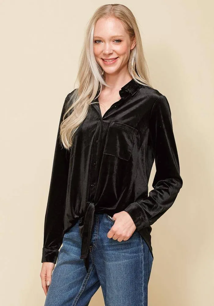 Women's Button Down Velvet Shirt Blouse With Tie Hem in Black