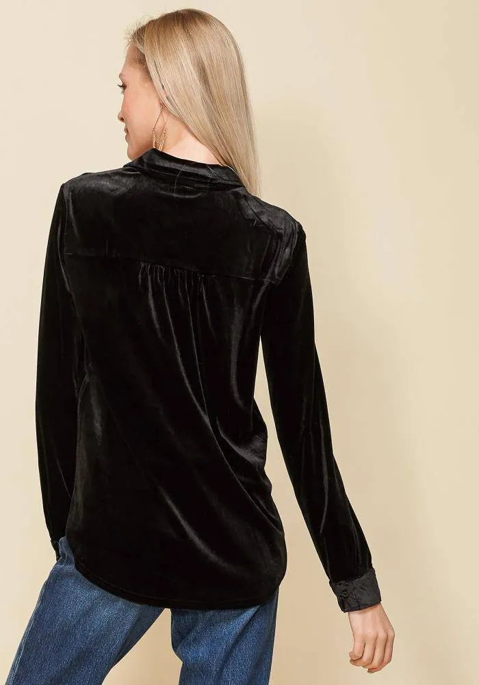 Women's Button Down Velvet Shirt Blouse With Tie Hem in Black