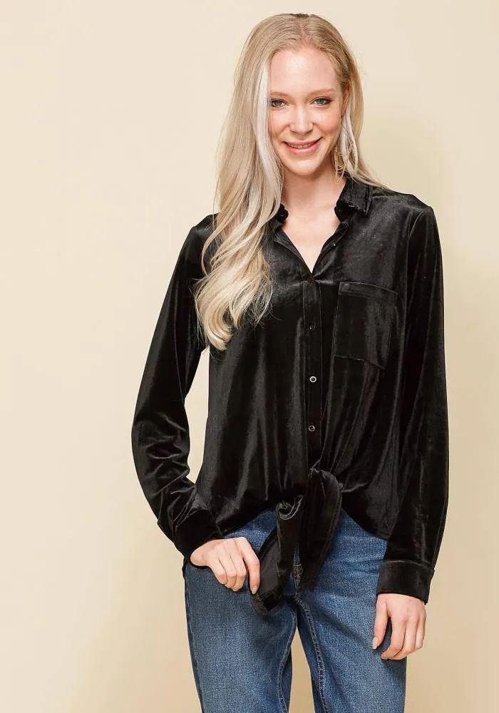 Women's Button Down Velvet Shirt Blouse With Tie Hem in Black