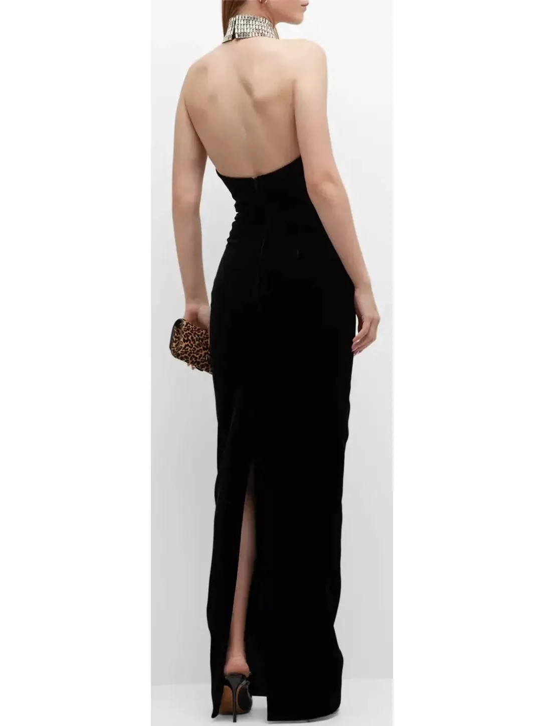 Women’s Crystal Embellished Turtleneck Velvet Gown