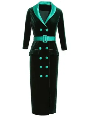 Women’s Double-Breasted Belted Velvet Midi Dress, Green