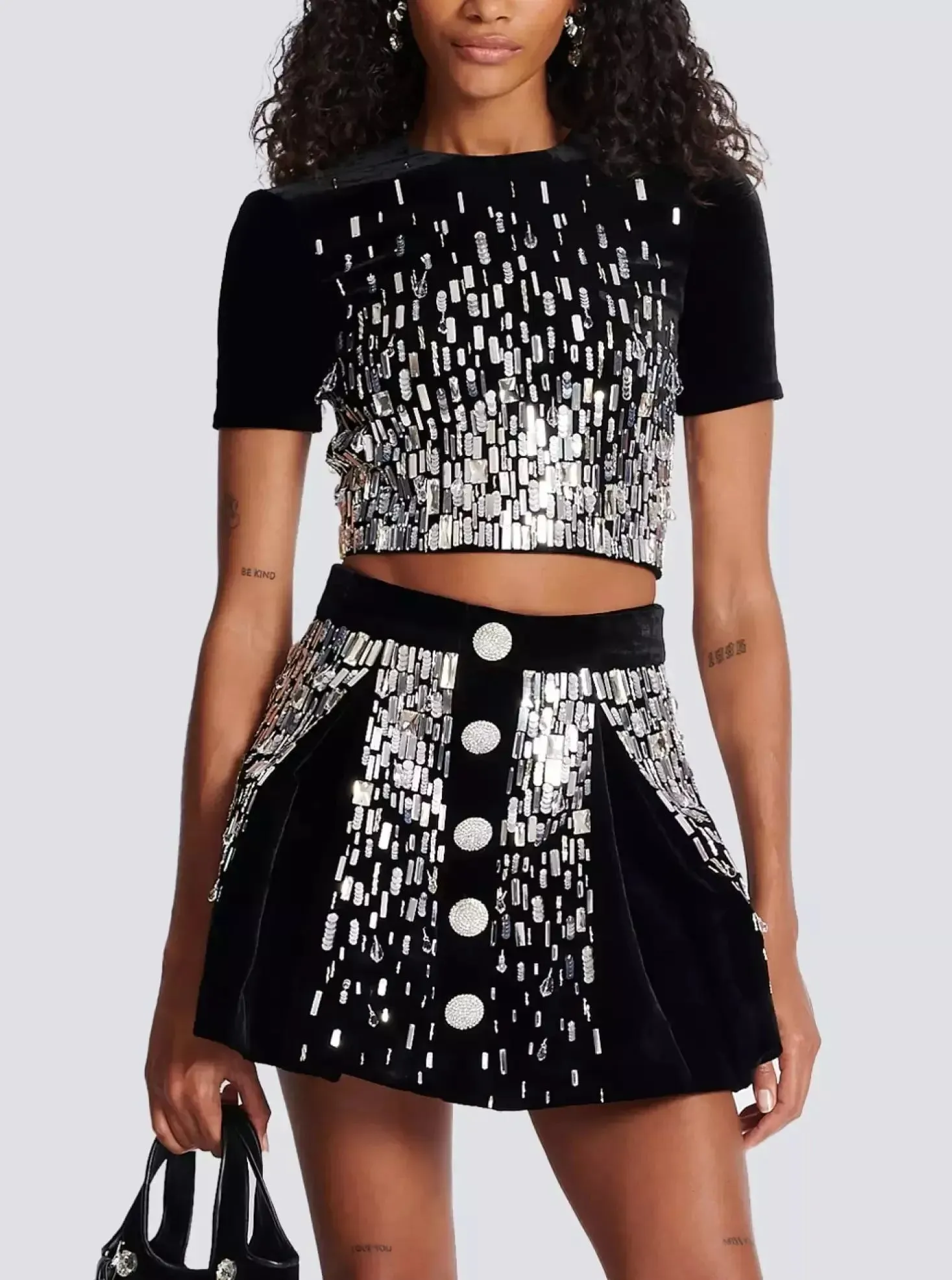 Women’s Embellished Black Velvet Crop Top and Mini Skater Skirt Set