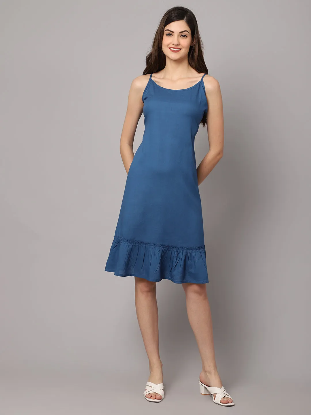 Women's Rayon Solid Short Night Dress with Frill - Royal Blue