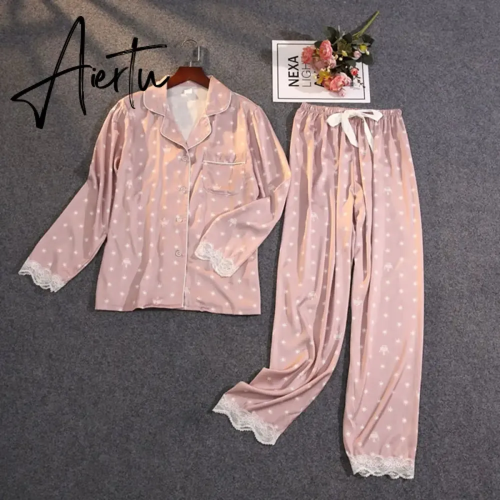 Women's Summer Two-piece Suit Pajamas Ice Silk Satin Thin Outwear Print Lace Pyjamas Home Suit for Women Clothes