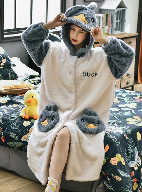 YELLOW DUCK FLANNEL LONG SLEEVE THICK LOOSE SLEEPWEAR