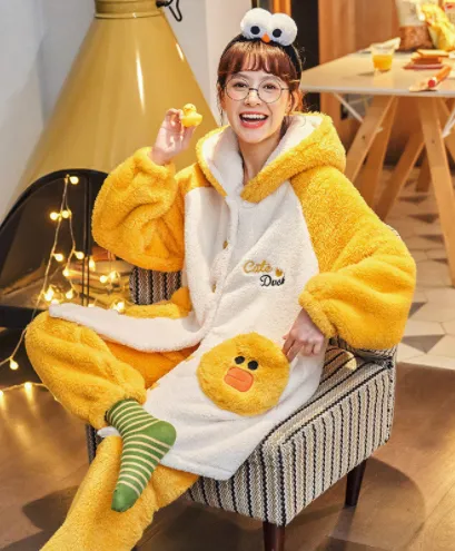 YELLOW DUCK FLANNEL LONG SLEEVE THICK LOOSE SLEEPWEAR